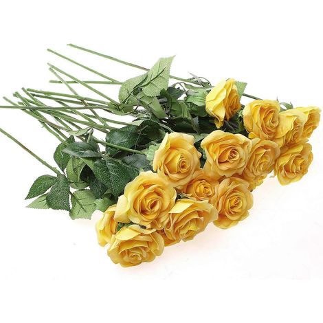 10 roses artificielles de haute qualité en latex, réalistes au toucher, pour la décoration de la maison et des chambres d'enfants. Idéales pour les bouquets de mariée et de demoiselles d'honneur.jaune (1/5)