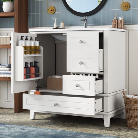 Mueble de baño con lavabo (81x47x86 cm), 3 cajones y puerta soft close, gran almacenaje, cerámica y MDF blanco (1/5)