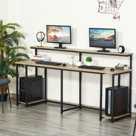 Bureau Double avec Étagères et Étagère pour Moniteur au Style Industriel, Bureau avec Bibliothèque Gain de Place pour Bureau et Étude en Métal et MDF, 200x53x100cm, Noir Marron (1/5)