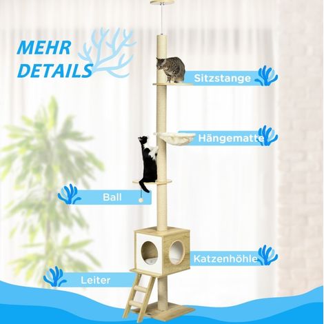 Arbre à chat hauteur plafond avec maison et hamac, 40 x 40 x 240-260 cm, beige clair (1/5)