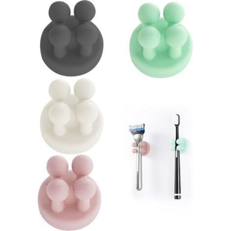 Lot de 4 Supports de Brosse à Dents - Crochet Auto-adhésif en Silicone - Étanche - Pour Salle de Bain Cuisine Bureau - Noir Blanc Rose Vert (1/5)