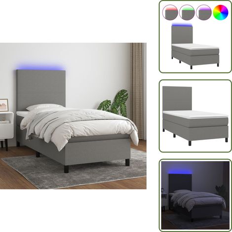 Sommier à lattes de lit avec matelas et LED Gris foncé 90x190cm - Sommier Tapissier - Lit Avec Led - Matelas À Ressorts Ensachés - Tête De Lit Ajustable - Éclairage LED (1/5)