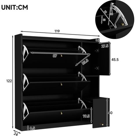 Armoire à chaussures 119x24x122cm noir,3 tiroirs pliants et banc rabattable. Organisateur gain de place pour l’entrée.