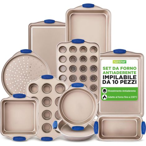 NutriChef Set 10 Pezzi Teglie Forno Antiaderenti in Acciaio al Carbonio con Manici in Silicone, Teglie da Forno per Pizza, Pane, Dolci, Torta, Biscotti, Stampo Muffin e Stampo Plumcake (1/5)