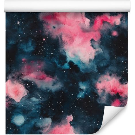 Papier peint aquarelle galaxie bleu marine et rose poudré 50x1000 cm (1/5)