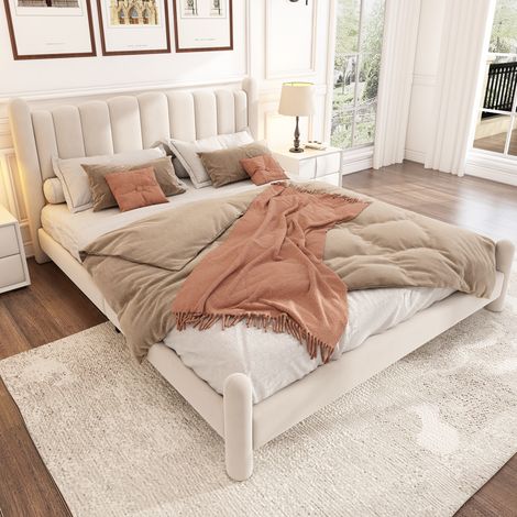 Lit rembourré 180x200 cm en velours beige avec tête de lit ondulée et sommier à lattes (1/5)