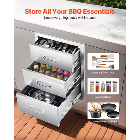 Tiroirs cuisine extérieure 18.11" L x 23.23" P x 23.23" H, meuble 3 tiroirs inox modulaire avec poignées, tiroir îlot barbecue pour terrasse jardin station grill (1/5)