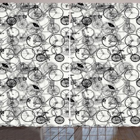 Rideau ARANDE Sketchy, motif abstrait vectoriel dessiné à la main représentant un vélo vintage rétro, 280 x 260 cm, noir et blanc (1/2)