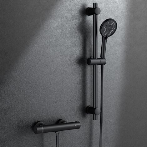 1 Mitigeur Douche Noir,Laiton Massif,Barre Réglable 70CM,Pommeau 3 Fonctions,Flexible 150CM,Salle De Bain