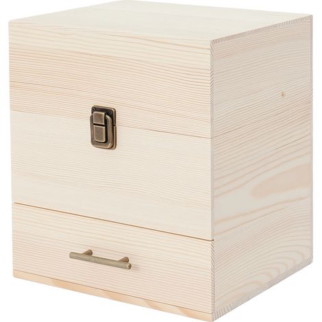 Caja para almacenar aceites esenciales, 59 compartimentos, 3 niveles, apta para frascos de 10 ml y 15 ml, fabricada en madera de pino, dimensiones 21,5 x 18,5 x 24,5 cm. (1/5)