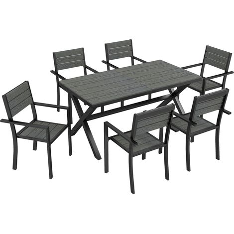 Ensemble de jardin 7 pièces table et chaises empilables pour 6 personnes, cadre aluminium gris, plateau à lattes imitation bois (1/5)