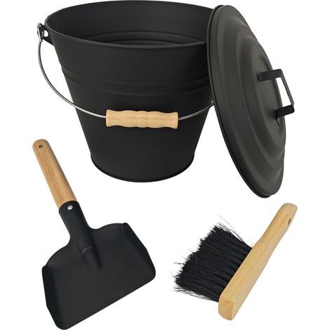 Relaxdays secchio per cenere con coperchio, 10 l, scopa e paletta per camino, con manico, nero/naturale
