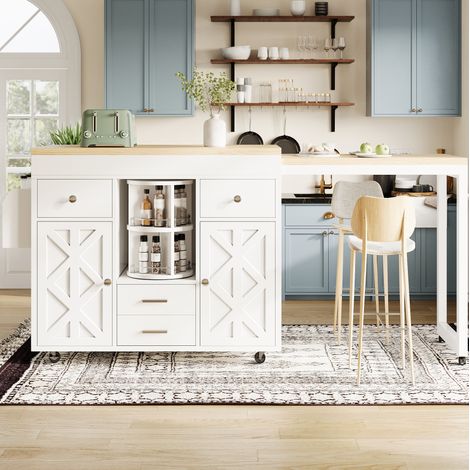 Table bar extensible, desserte de cuisine 180 cm, MDF blanc, OKWISH (1/5)