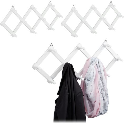 Relaxdays 3x Wall Coat Racks, 10 Hooks Each, Extendable Wardrobe, Stable, Wood, max. HWD: 5.5 x 87.5 x 7.5 cm, White