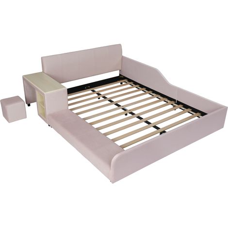 Cama infantil tapizada 140x200 cm con escritorio, taburete y estantería, terciopelo rosa (1/5)