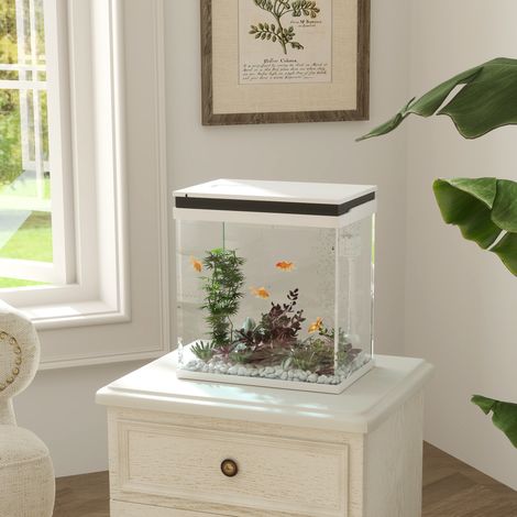 Petit aquarium complet 14L en verre avec système de filtration éclairage LED pompe à eau 30 x 20 x 33 cm - blanc