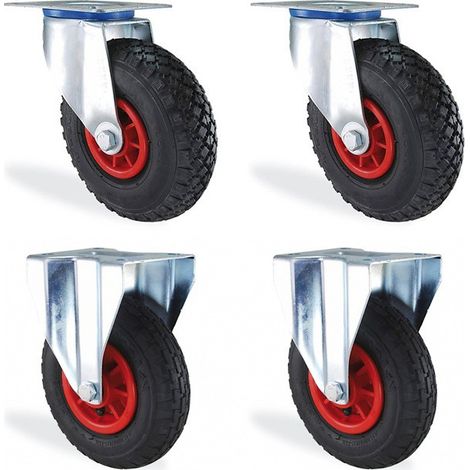 Lot de 4 roulettes pivotantes et fixes gonflables 200mm – Charge 300kg – Pour chantiers humides et terrains accidentés – HTR