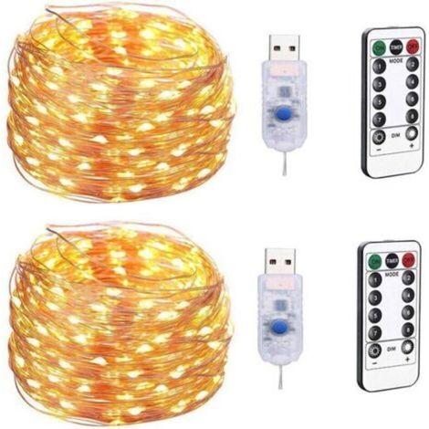 USB Christmas Fairy String Light 100LED, 10M Lampe décorative étoile à 8 Fonctions, Guirlande Lumineuse en Fil de cuivre étanche avec télécommande (2pcs) Lumière Chaude (1/5)