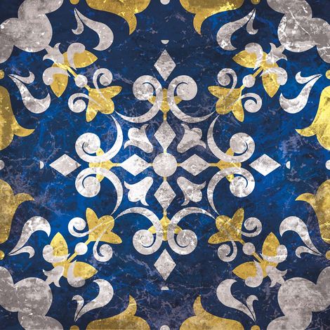 Tableau oriental déco salon | Tableau carreaux de ciment blanc doré & bleu azur | Tableau moderne idéal chambre adulte & salle de bain 0,5 x 0,5 m (1/2)