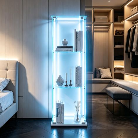 FOERPL-Glasvitrine mit LED-Beleuchtung, Säulenvitrine mit 3 Ablagen für Sammlungen, Glas-Weinschrank mit 1 Tür und Schloss Vertikale Sammlungsvitrine/Aufbewahrungsvitrine