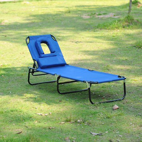Lettino da giardino con finestra per la lettura e apertura viso, tre gambe, blu, materiale resistente (1/5)