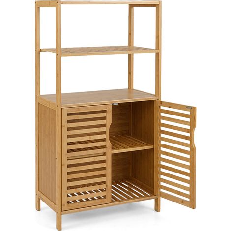 Bibliothèque en bambou à 4 niveaux 60 x 33 x 116 cm pour rangement ouvert et cabinet à volets style naturel beige