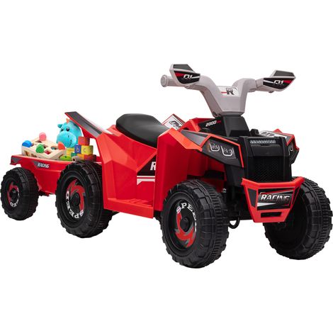 Quad électrique enfant avec remorque et autonomie 50 min, véhicule rechargeable multifonction rouge