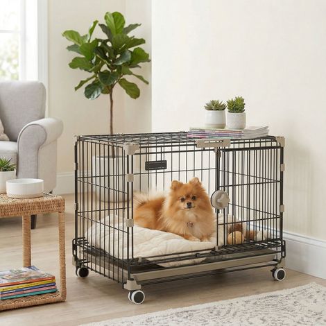 Cage pour Chien Pliable. Plateau Amovible. Roues avec Freins. Toit Ouvrant. Porte de Nourrissage. 60.5x45.5x54.5cm. Noir