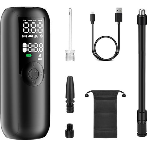 Compresseur à Air Portatif - 150 PSI - Écran Digital LCD - Arrêt Automatique - Valve Presta et Schrader - Batterie Lithium USB-C - Pour Pneus Voiture Vélo Moto - 1 Pièce (1/5)