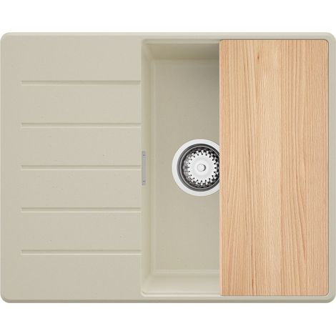 PRIMAGRAN Evier Cuisine en Granit 62x50cm,Lavabo 1 bac + Kit de Vidage + Planche à Découper, Évier à Encastrer au meuble 45cm - Copenhague, Beige (1/5)
