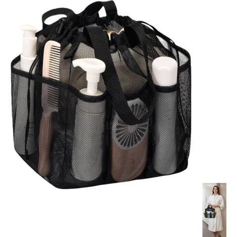 1 bolsa de ducha de malla portátil, cesta de ducha de secado rápido, neceser colgante con 7 bolsillos y 2 asas, color negro, 25 x 25 x 28 cm. (1/4)