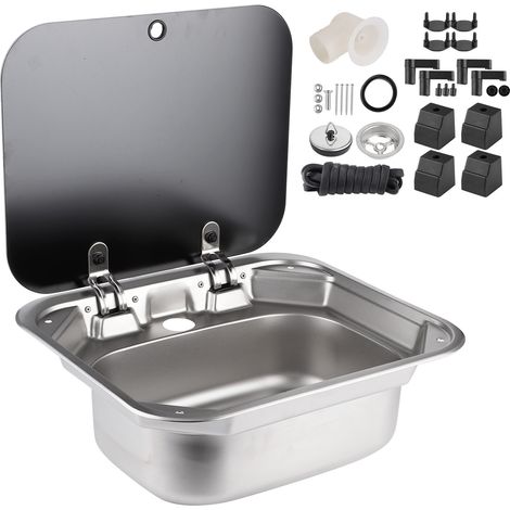 Évier carré de cuisine pliable en acier inoxydable, bassin simple avec couvercle en verre trempé pour caravane RV (1/5)