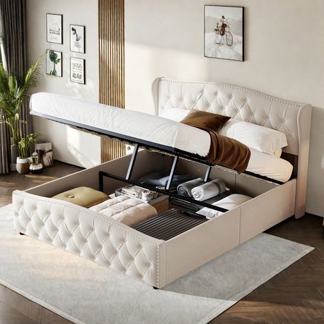 Lit coffre capitonné 140 x 200–Lit double pour adulte de 140 x 200–Velour beige–Sommier à lattes–Rangement hydraulique–Motif en losanges avec rivets