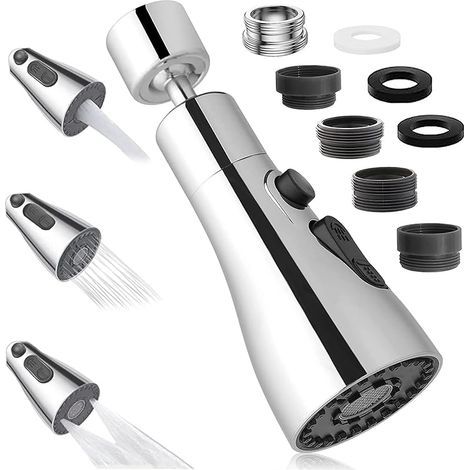 Aérateur de Robinet Pivotant à 360°, Embout Robinet Cuisine avec 3 Modes, Douchette Mousseur Robinet Economie Eau, Adaptateur de Rallonge de TêTe de Robinet Salle De Bain lavabo (Argent) (1/5)