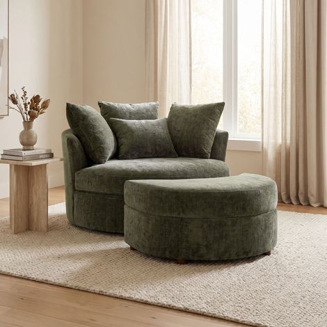 Fauteuil rond loveuse pivotante + coffre en tissu chenille kaki (1/5)