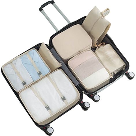 Packing Cubes - 7 Pièces - Organiseur De Valise Pour Vêtements Sous-Vêtements Chaussures Articles De Toilette - Polyester - Bleu Ciel Kaki Rouge Gris Noir Marine (1/5)