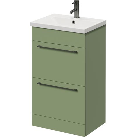 Napoli 390 Olive Green 500mm 2 Drawer Vanity Unit with Glide Basin - 500mm - Gunmetal Grey 320mm Handle
