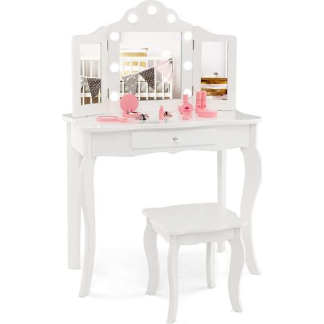 2 in 1 children's dressing table with LED lights & folding mirror & drawers white (1/5)