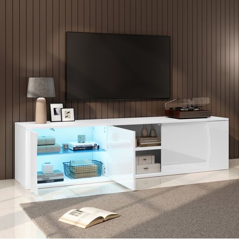 Mueble para TV de aglomerado blanco 180x40x45 cm con 3 puertas, estantes de vidrio templado y LED USB (1/5)