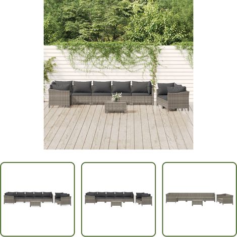 Gartenlounge - 9-tlg. Garten-Lounge-Set mit Kissen Grau Poly Rattan (1/5)