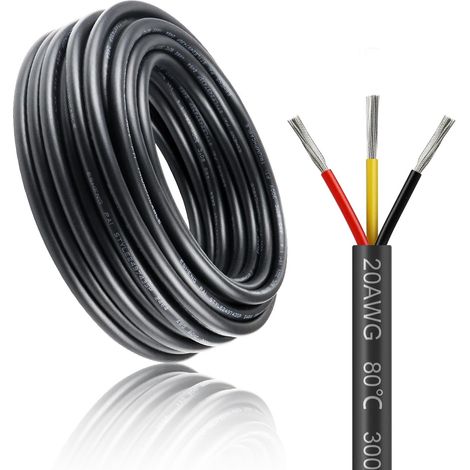 Câble électrique à 3 fils - 20 AWG - 3 x 0,5 mm² - 10 m - 5 V/12 V/24 V - Câble de terre en cuivre étamé - 300 V - Flexible et souple - Résistance aux températures élevées - Rallonge 10 m (1/5)