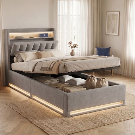 Lit coffre 90x200 cm, Lit simple avec RGB LED et USB, Lit adulte avec tête de lit de rangement, Velours, Moderne, Gris (1/5)