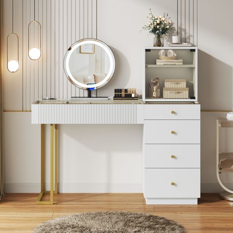 Coiffeuse Miroir LED 120x40x120 cm avec Éclairage Réglable 5 Tiroirs de Rangement 1 Armoire Verre Trempé Pieds Or - Chambre - Blanc (1/5)