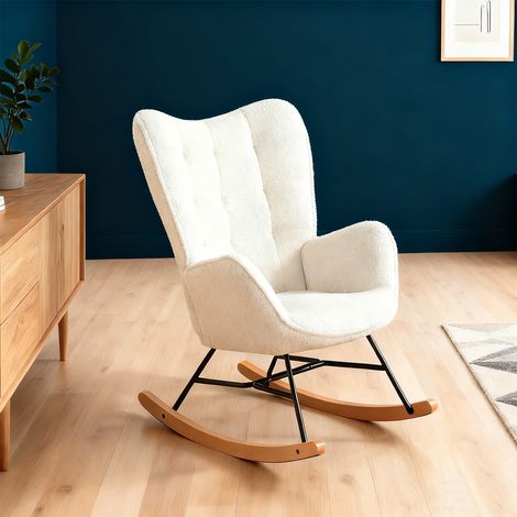 Meubles Cosy FUNKEL poltrona a dondolo stile scandinavo in tessuto bouclé, con gambe in legno di faggio, bianco