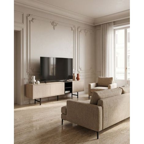Meuble TV THEA – Chêne Nordic Clair & Noir – 3 portes, 2 niches – 180 x 40 x 55 cm (1/5)