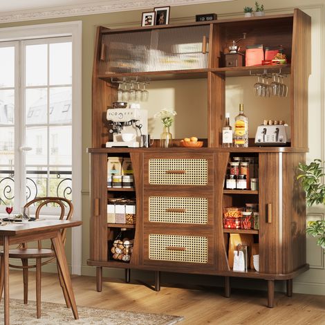Buffetschrank mit Schiebetüren aus Glas, Rattan-Optik, Walnuss, 140 x 40,5 x 174,5 cm (1/5)