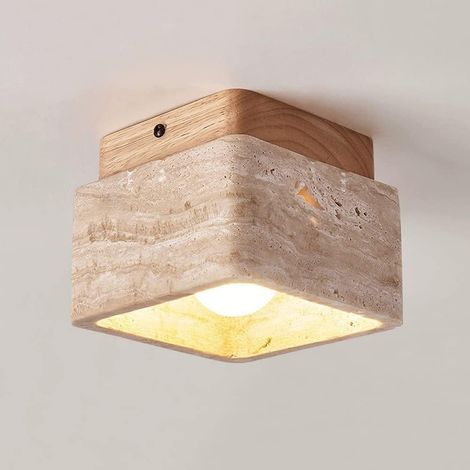 Plafonnier en Travertin Jaune Naturel Carré Bois Lampe de Plafond Vintage Luminaire au Plafond pour Chambre Salon Cuisine Couloir (1/5)