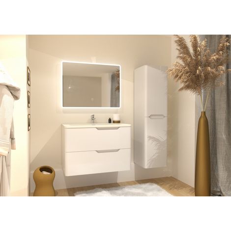 Meuble vasque LUNA Blanc brillant 80 cm avec miroir Reflet (1/5)