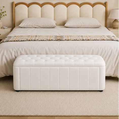 Banco tapizado de terciopelo con almacenaje beige 132 x 47 x 24 cm (1/5)