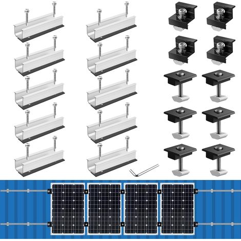 Kit de Fixation pour Panneau Solaire, Adapté à 4 Panneaux Solaires  10 Rails Courts Aluminium 120mm, 6 Pinces Centrales 30/35mm, 4 Pinces d’Extrémité 30/35mm, pour Panneau Solaire, Argent (1/5)